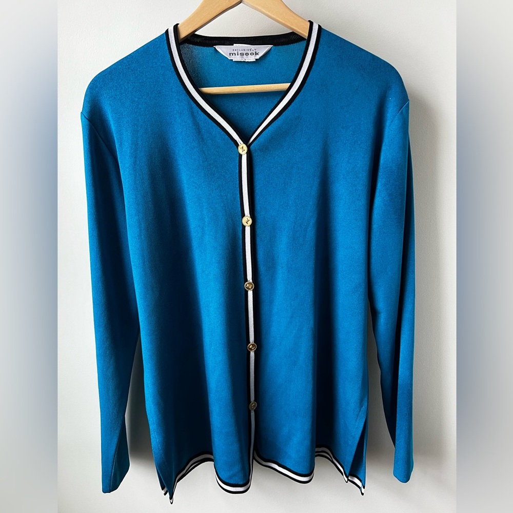 EXCLUSIVELY MISOOK Blue Cardigan Sweater Striped Drapey Old Money Luxury M